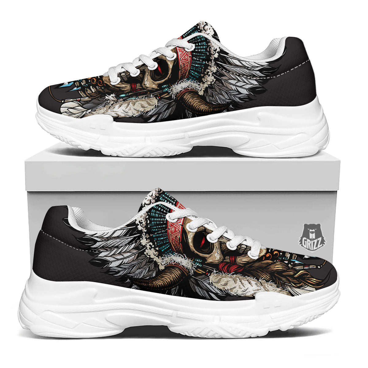 Indian Skull Native American Print White Chunky Shoes-grizzshop