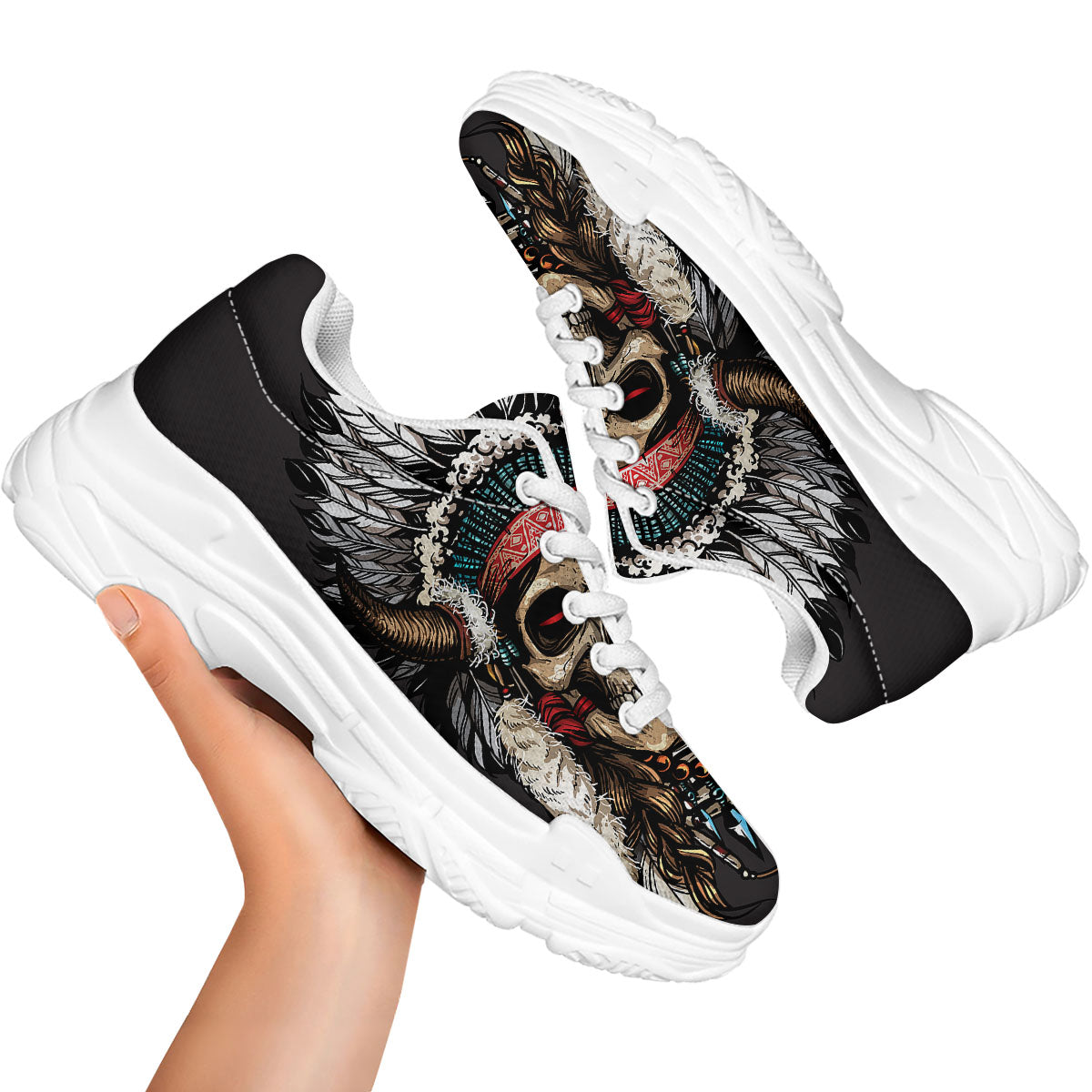 Indian Skull Native American Print White Chunky Shoes-grizzshop