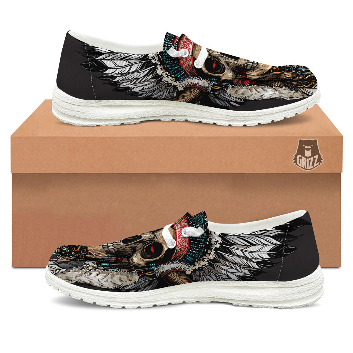 Indian Skull Native American Print White Loafers-grizzshop