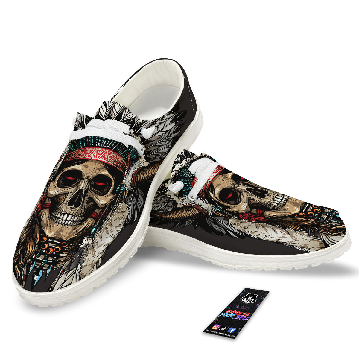 Indian Skull Native American Print White Loafers-grizzshop