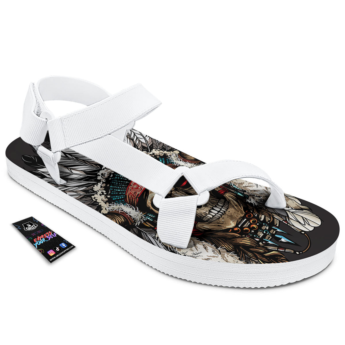 Indian Skull Native American Print White Open Toe Sandals-grizzshop