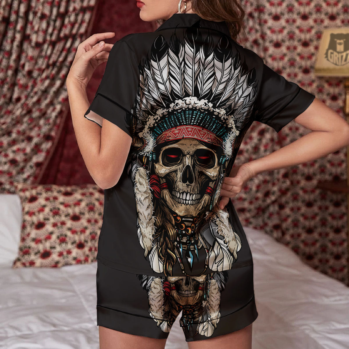 Indian Skull Native American Print Women Silk Pajamas-grizzshop