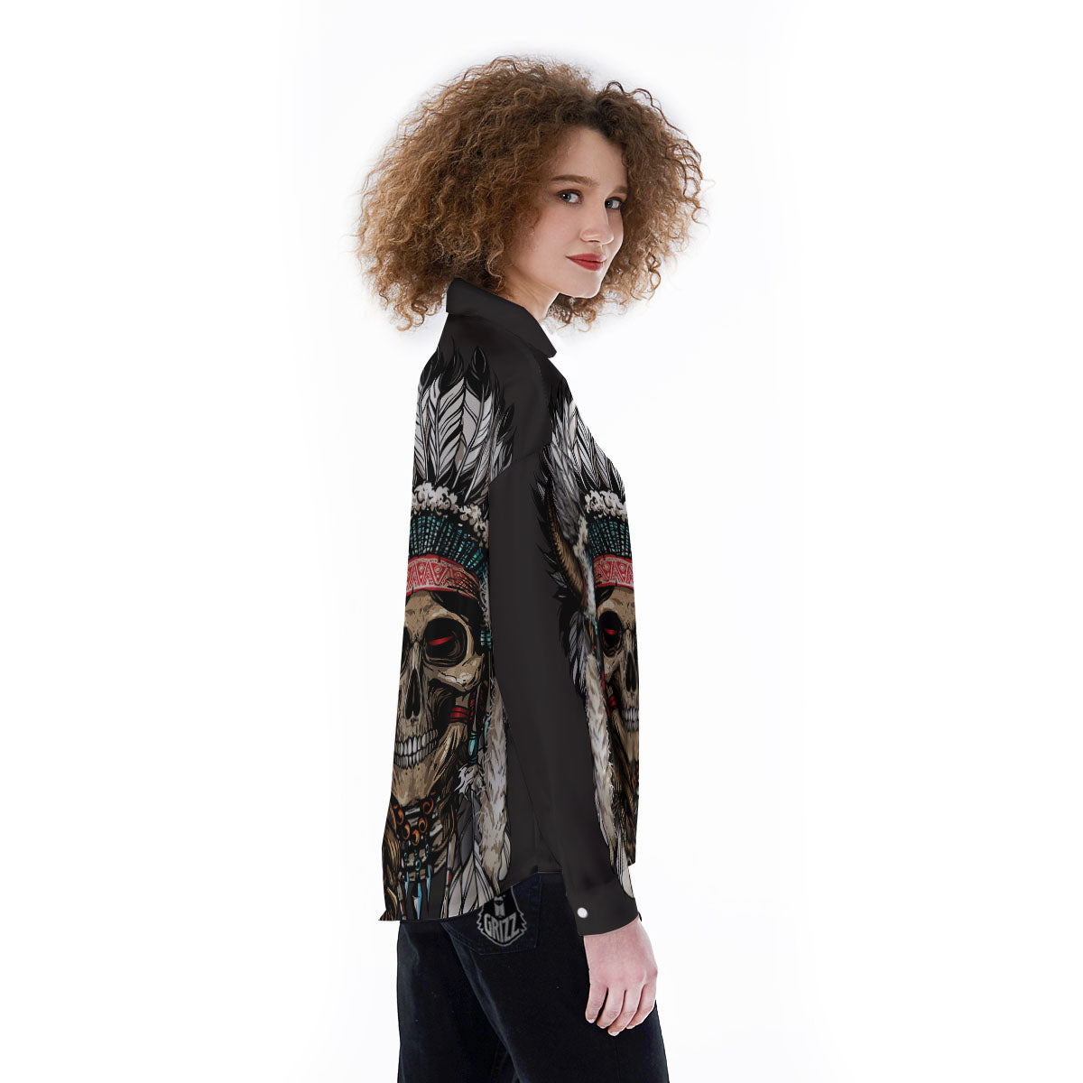 Indian Skull Native American Print Women's Long Sleeve Shirts-grizzshop