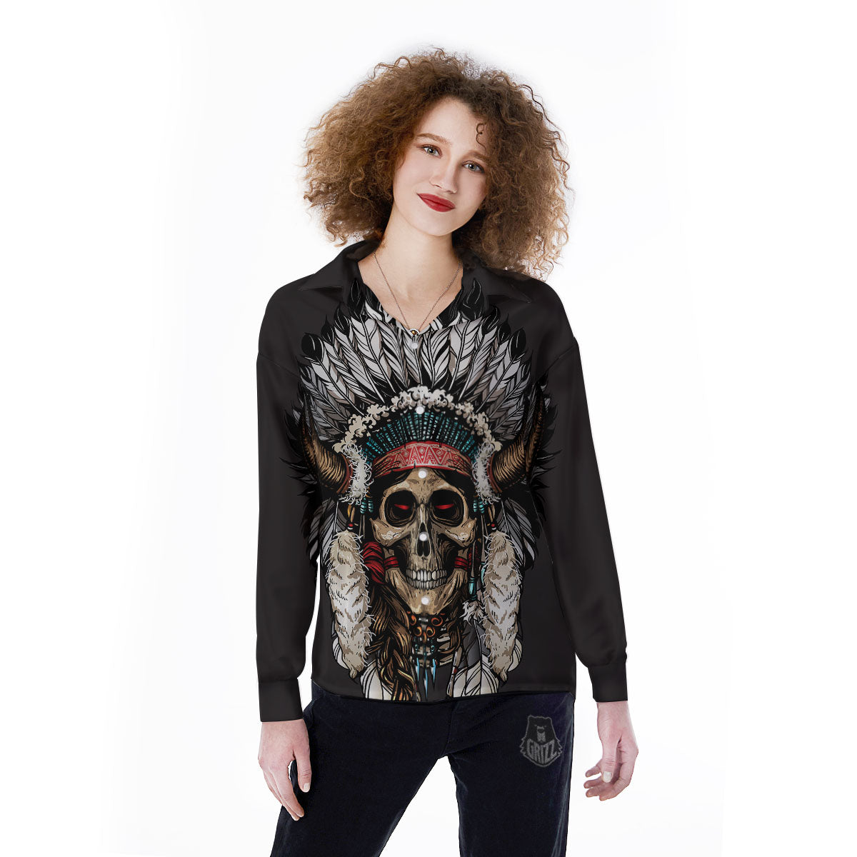 Indian Skull Native American Print Women's Long Sleeve Shirts-grizzshop