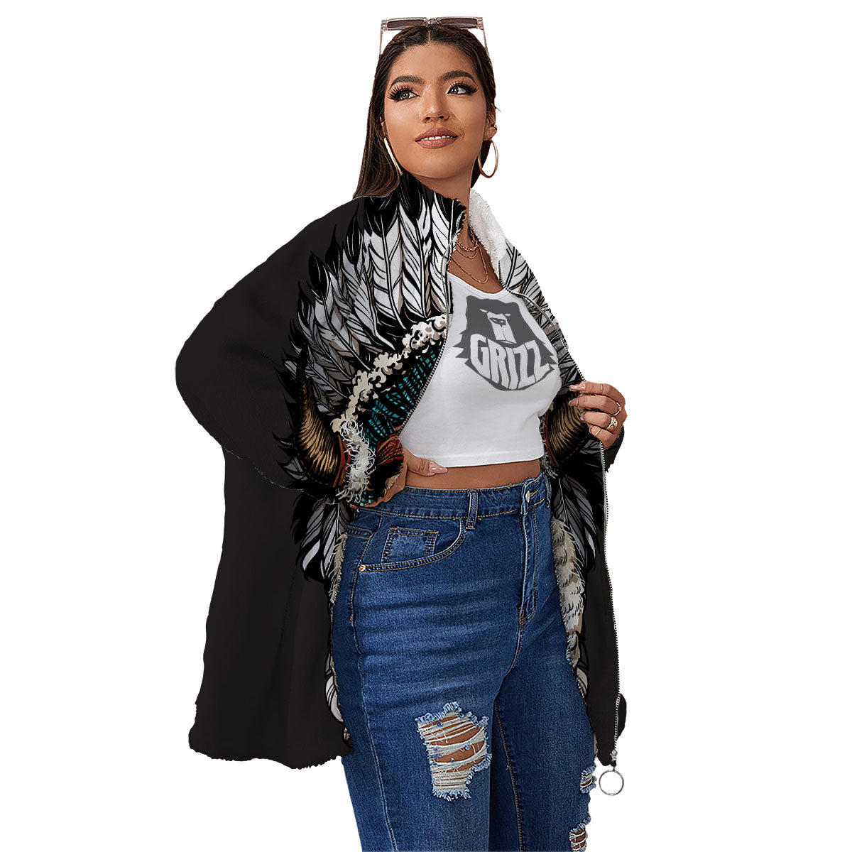 Indian Skull Native American Print Women's Sherpa Jacket-grizzshop