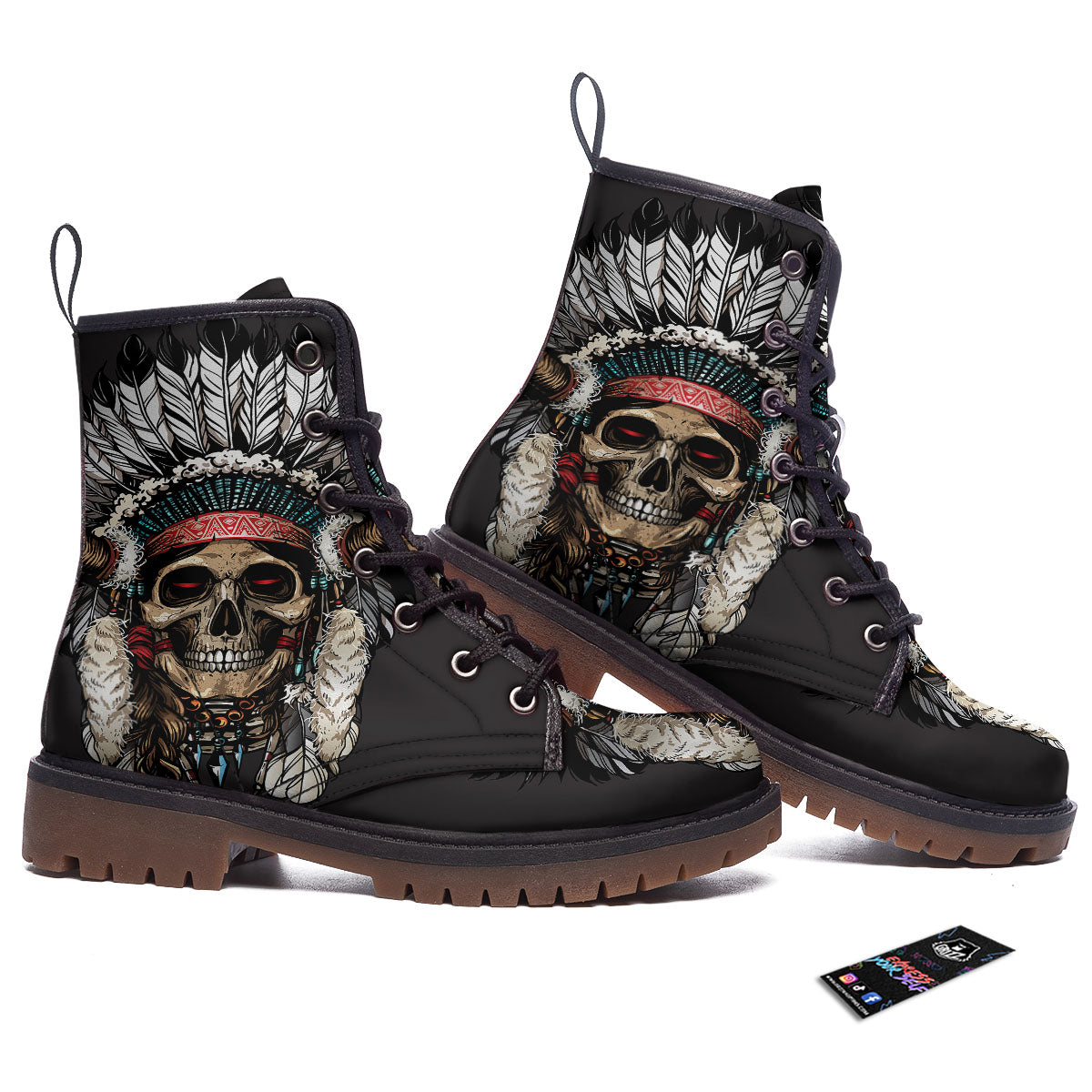 Indian Skull Native American Print Work Boots-grizzshop