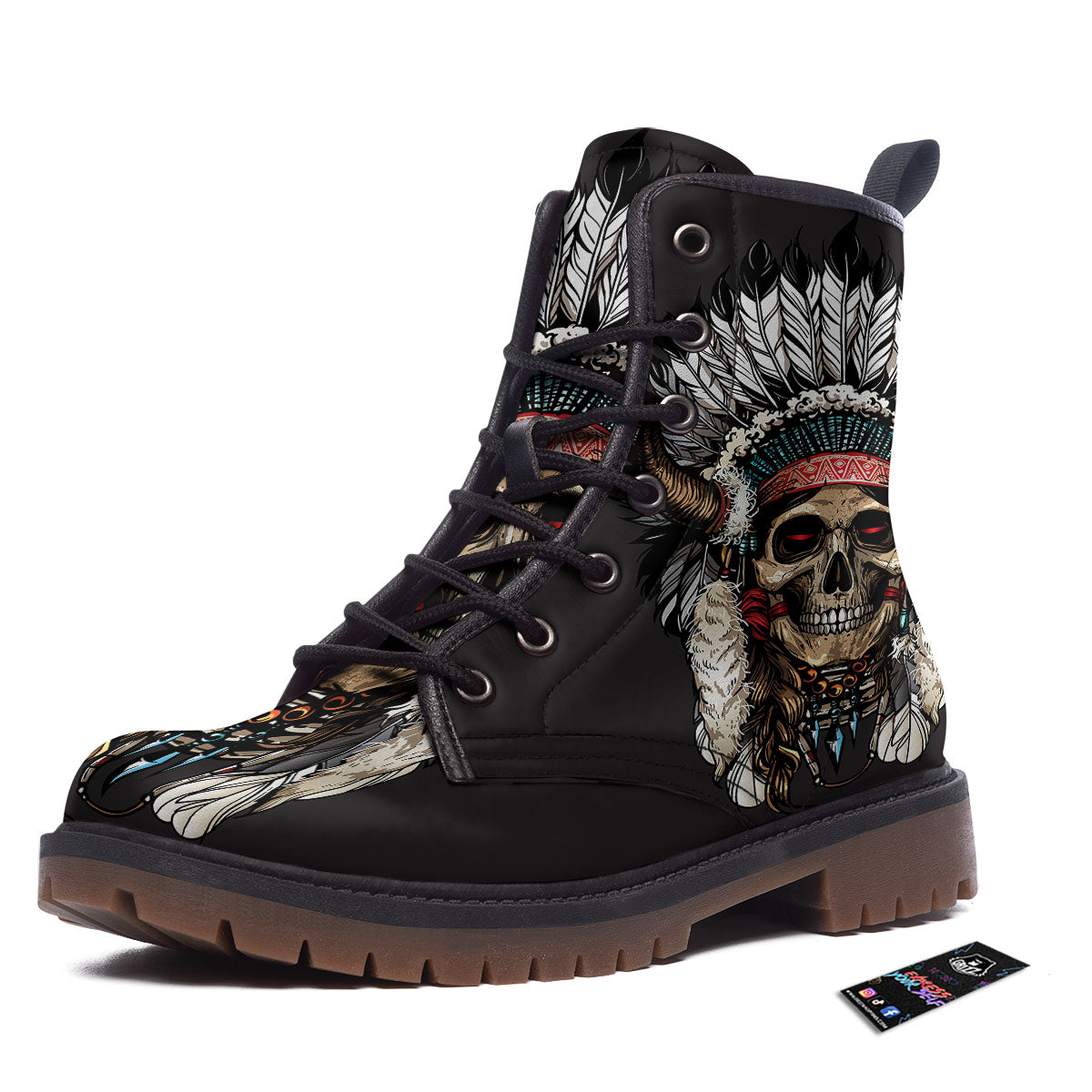 Indian Skull Native American Print Work Boots-grizzshop