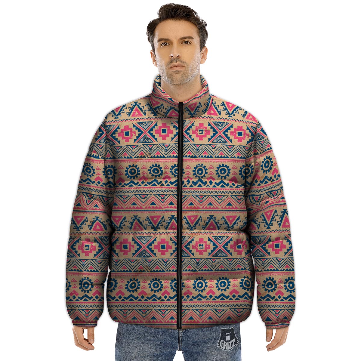 Indian Tribal Native Print Pattern Puffer Jacket-grizzshop