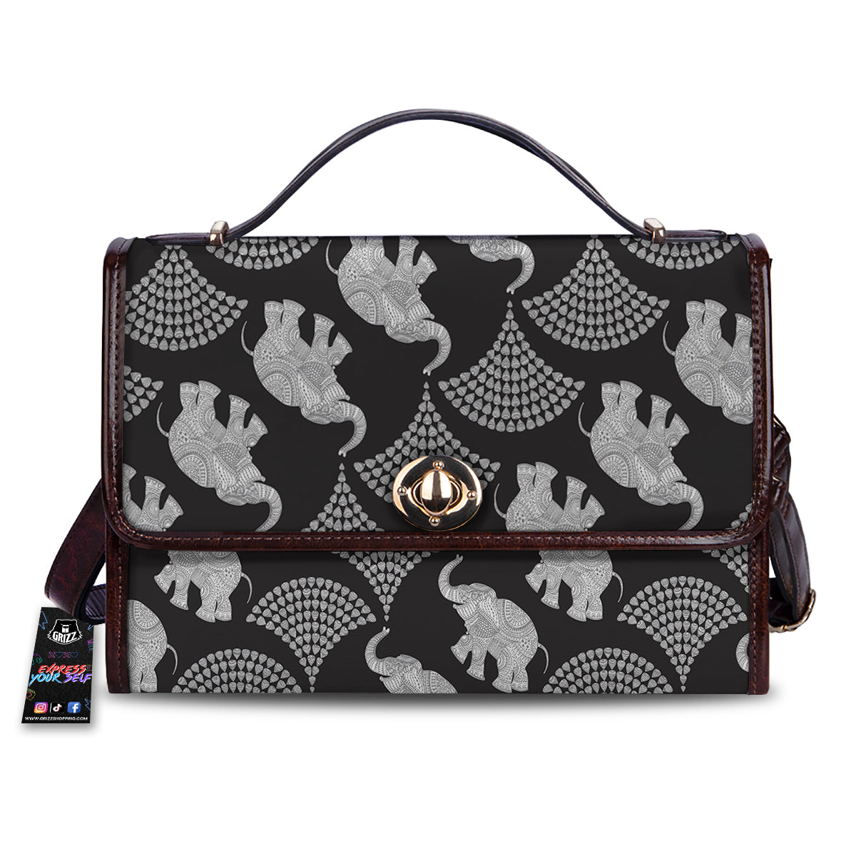 Indian Elephant Black Grey And White Print Pattern Women's Satchel Bag