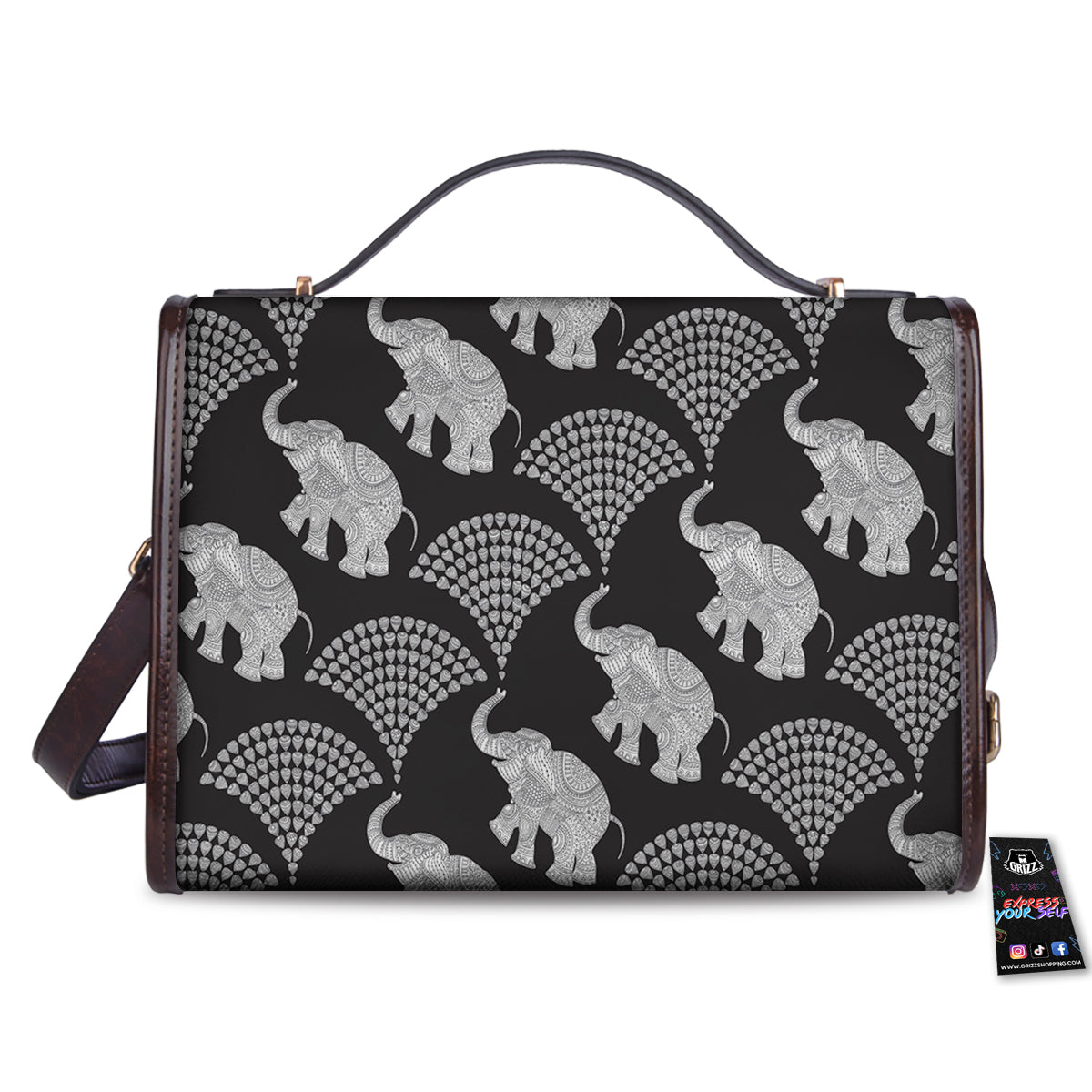Indian Elephant Black Grey And White Print Pattern Women's Satchel Bag