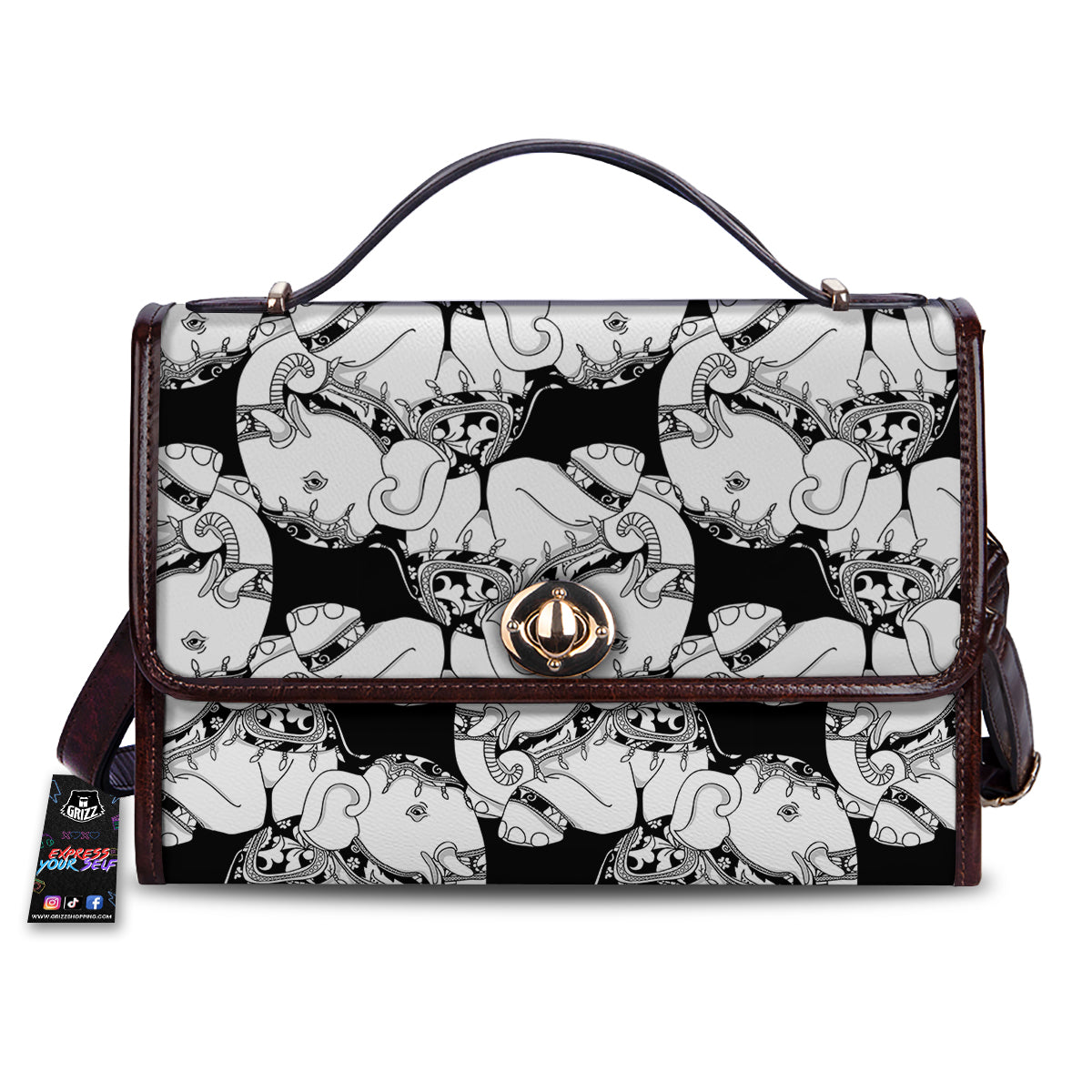 Indian Elephant White And Black Print Pattern Women's Satchel Bag