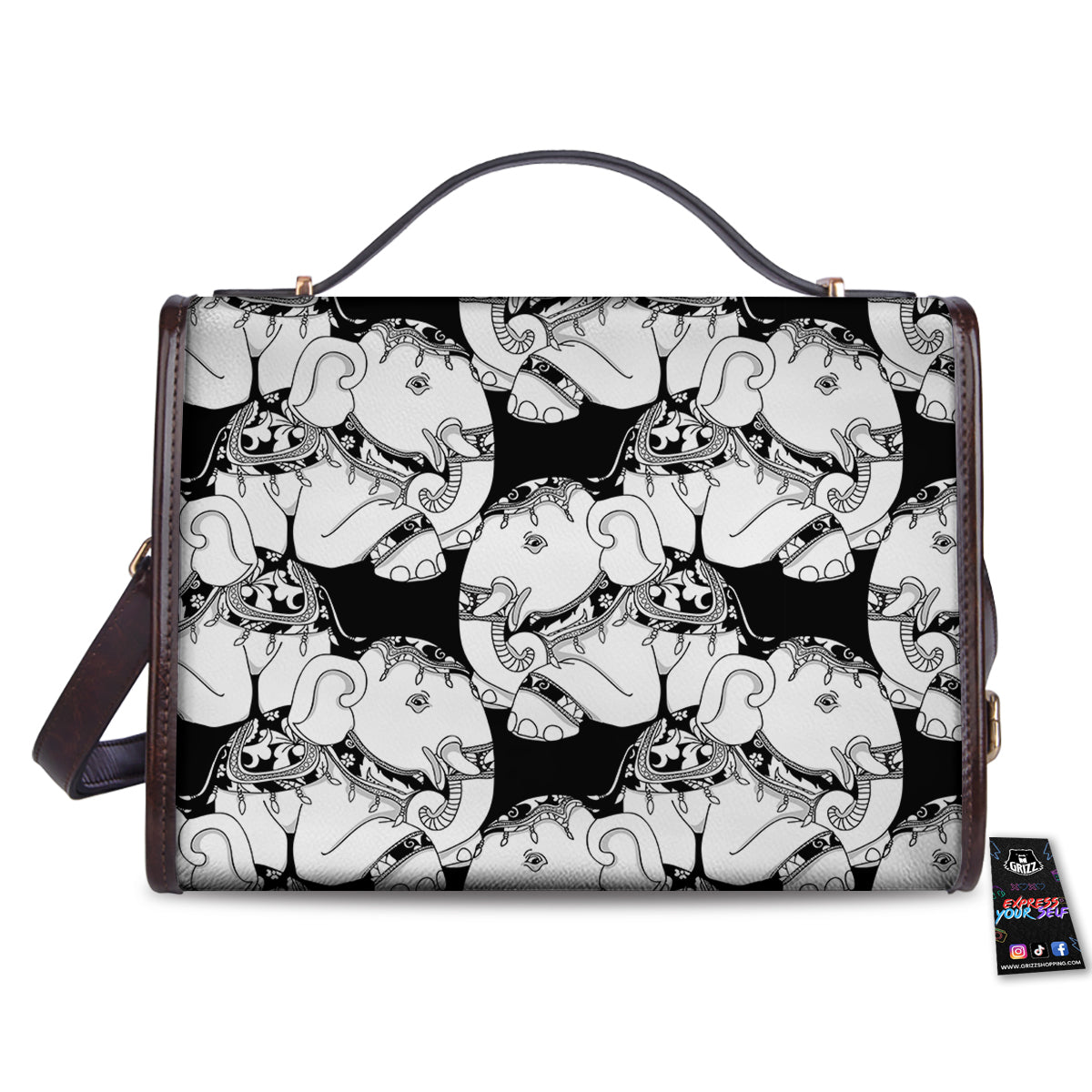 Indian Elephant White And Black Print Pattern Women's Satchel Bag