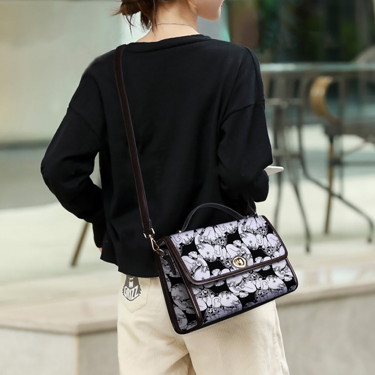 Indian Elephant White And Black Print Pattern Women's Satchel Bag