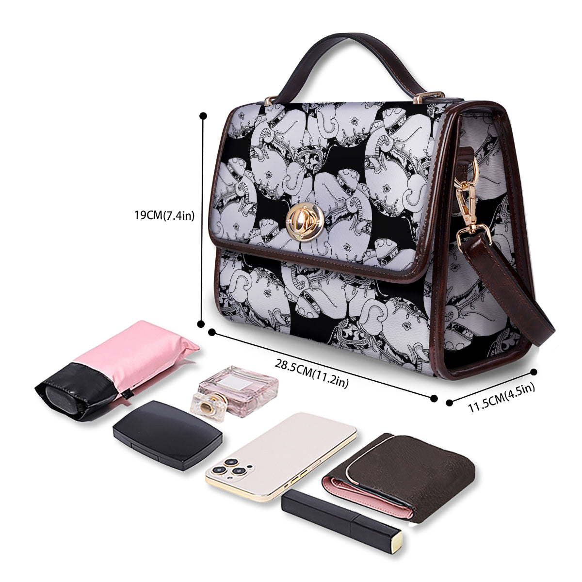 Indian Elephant White And Black Print Pattern Women's Satchel Bag