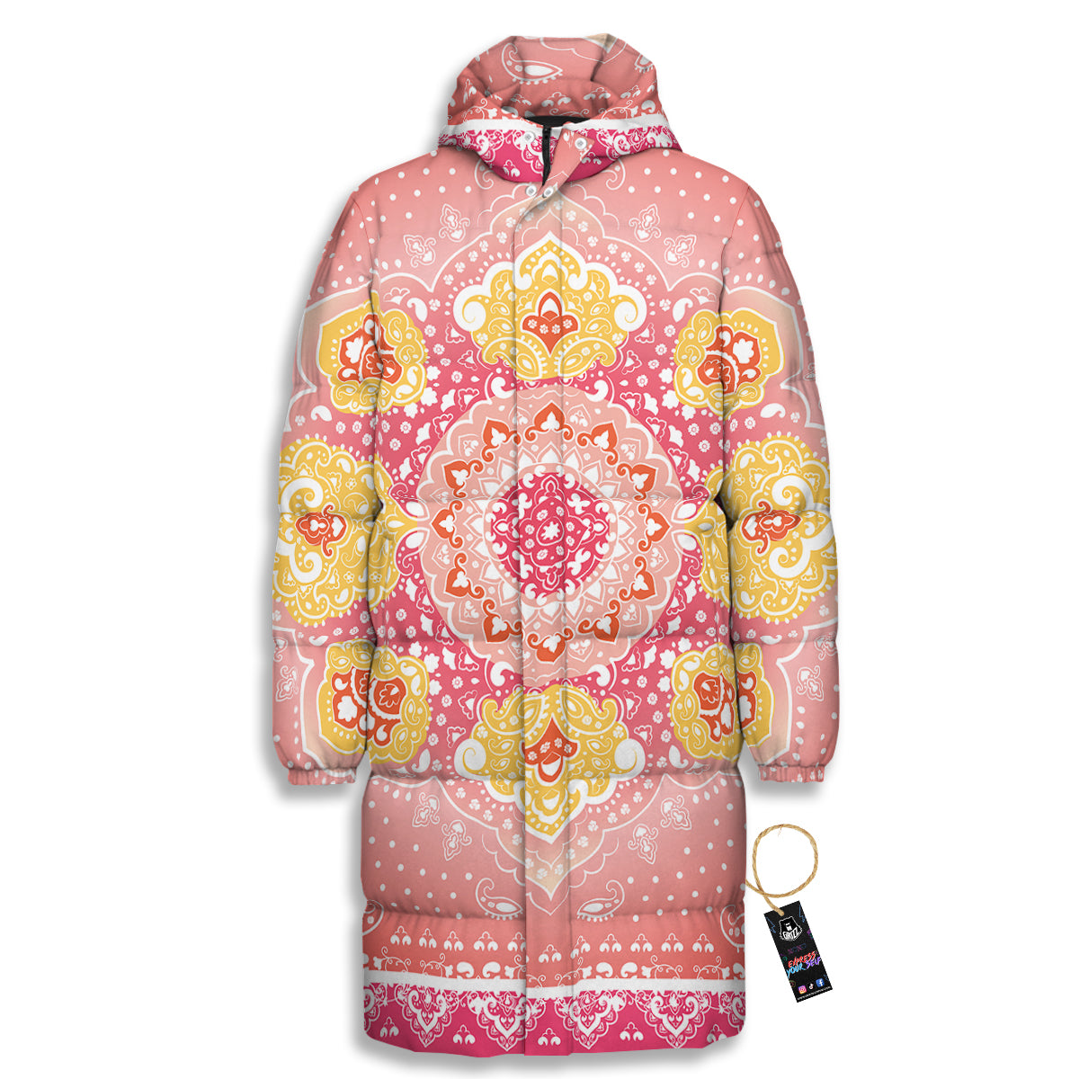 Indian Paisley Bandana Pink Print Long Down Jacket
