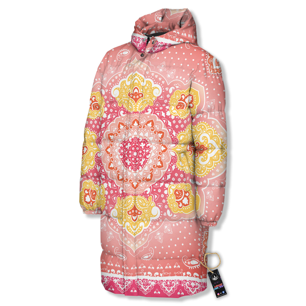Indian Paisley Bandana Pink Print Long Down Jacket