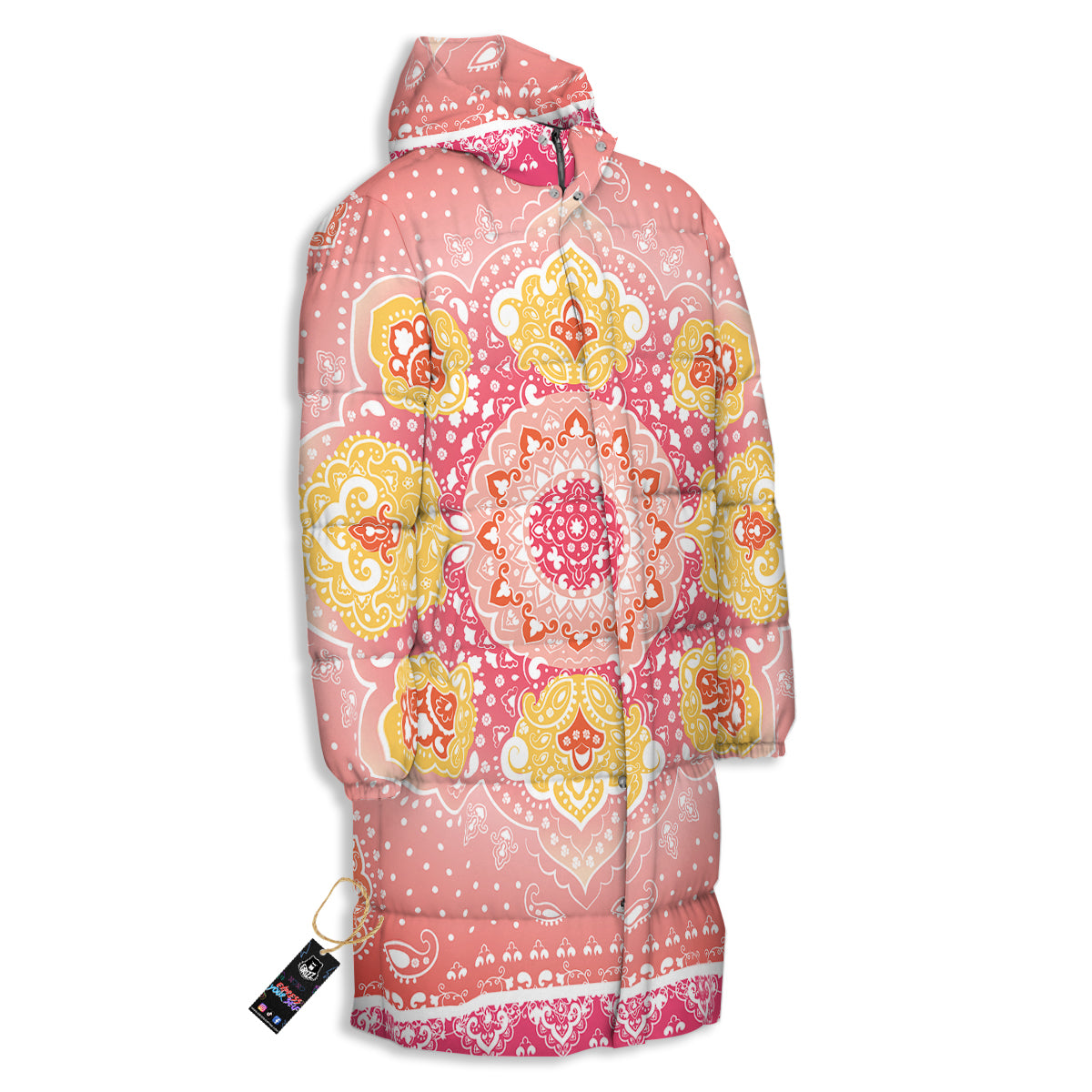 Indian Paisley Bandana Pink Print Long Down Jacket
