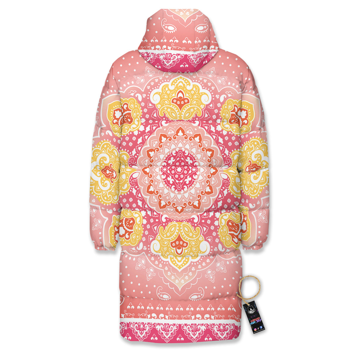Indian Paisley Bandana Pink Print Long Down Jacket