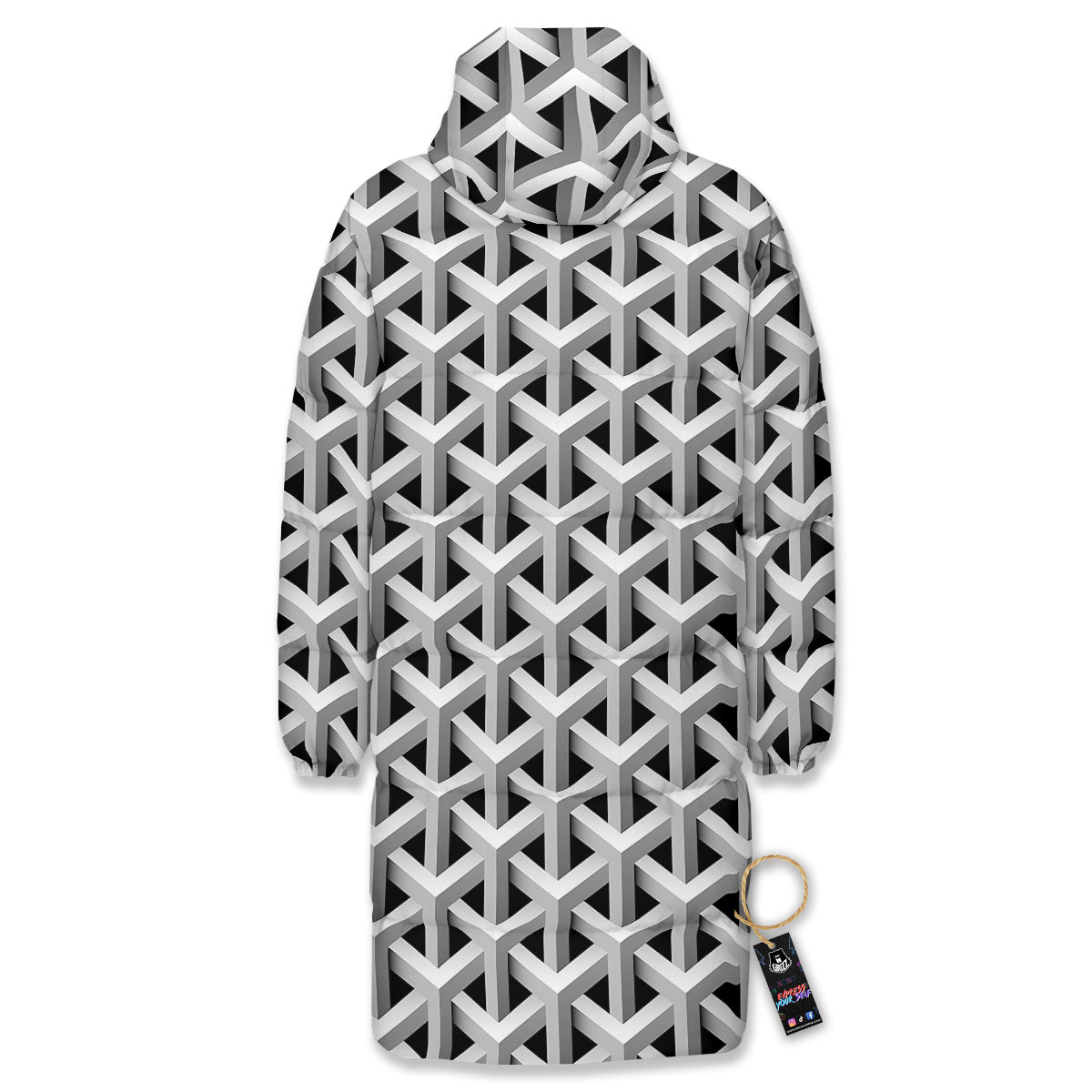 Industrial Raster 3D Print Pattern Long Down Jacket-grizzshop
