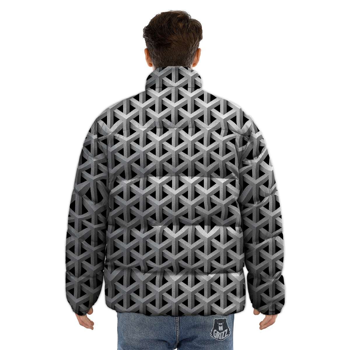 Industrial Raster 3D Print Pattern Puffer Jacket-grizzshop