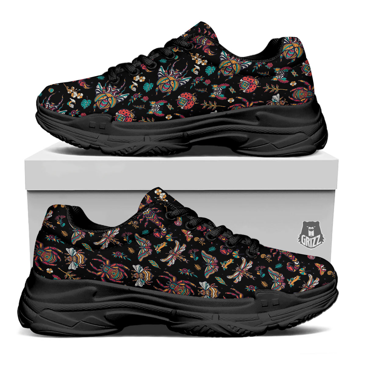 Insect Old School Tattoo Print Pattern Black Chunky Shoes-grizzshop