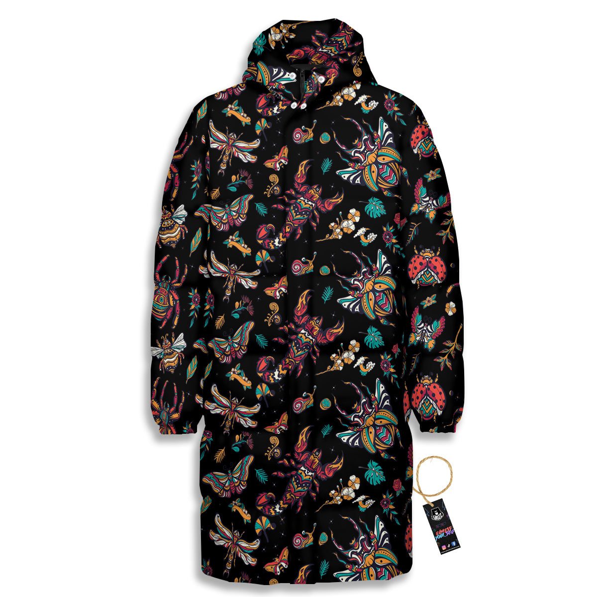 Insect Old School Tattoo Print Pattern Long Down Jacket-grizzshop