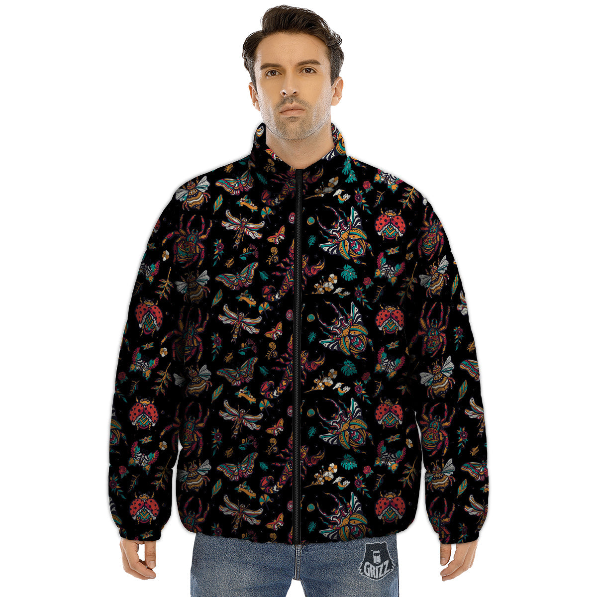 Insect Old School Tattoo Print Pattern Puffer Jacket-grizzshop