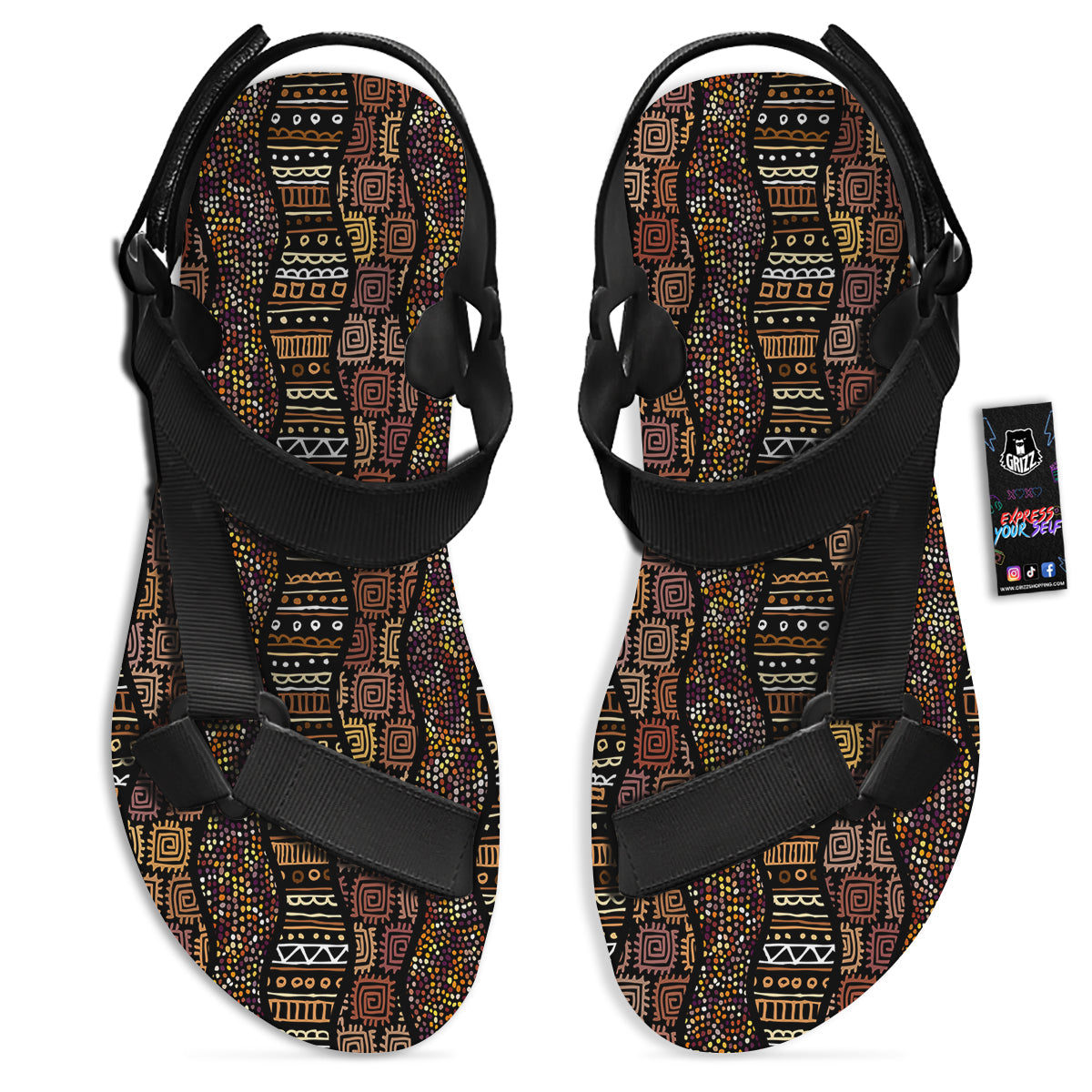 Inspired African Afro Print Pattern Black Open Toe Sandals-grizzshop