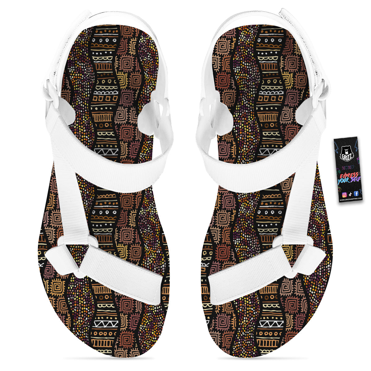 Inspired African Afro Print Pattern White Open Toe Sandals-grizzshop