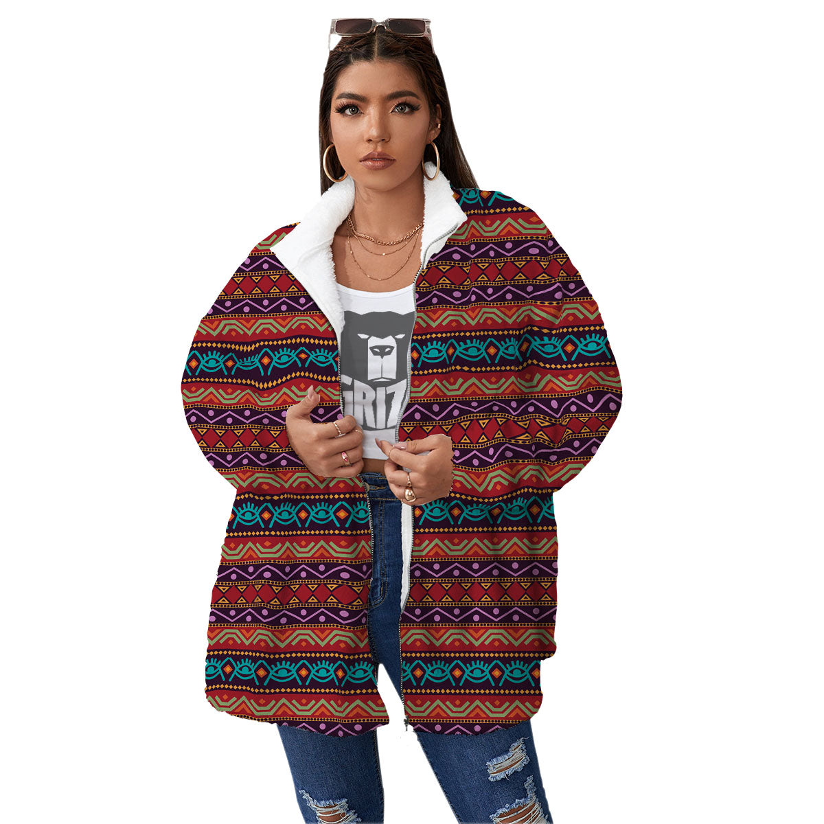 Inspired Afro Ethnic Print Women's Sherpa Jacket-grizzshop
