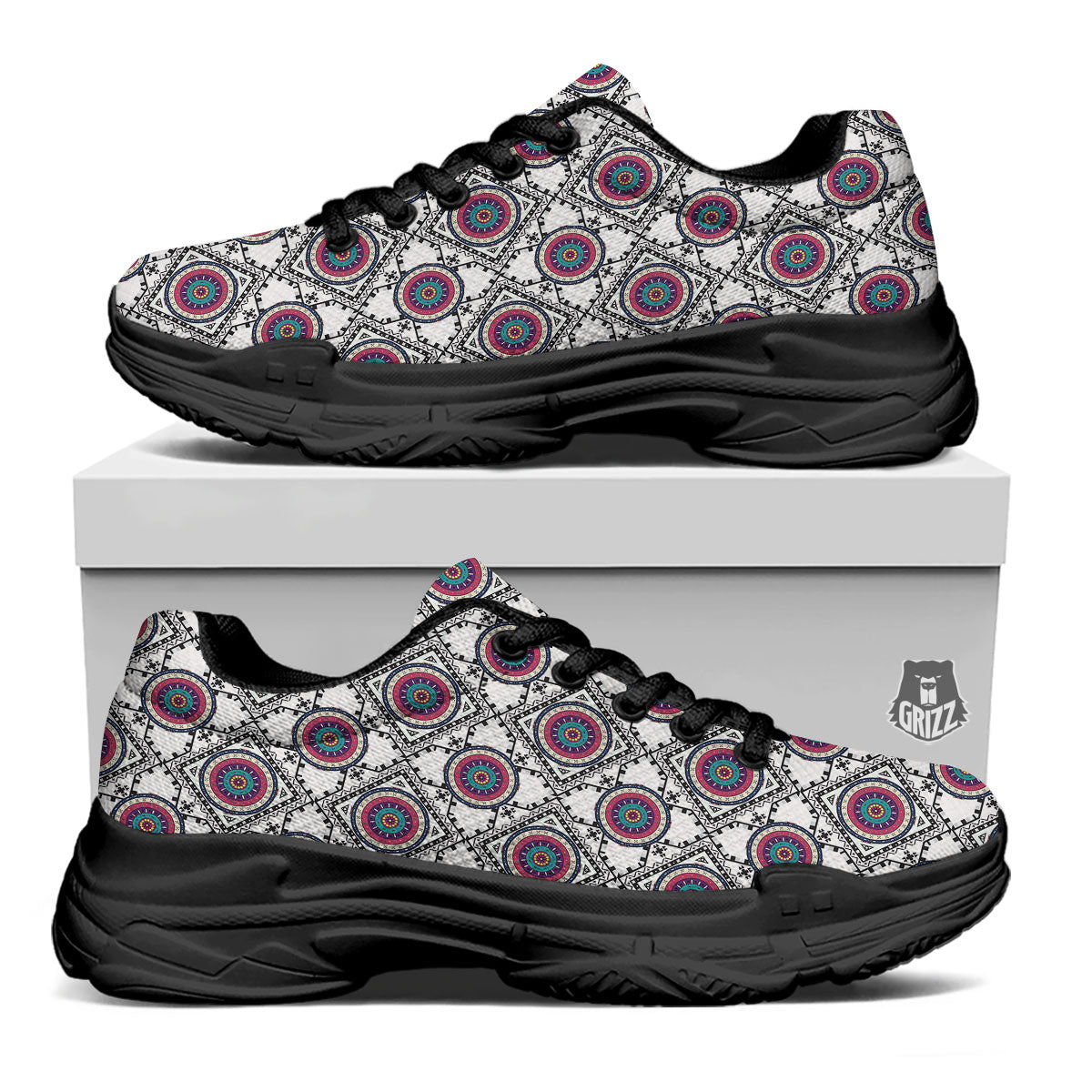 Inspired Native Indian Print Pattern Black Chunky Shoes-grizzshop