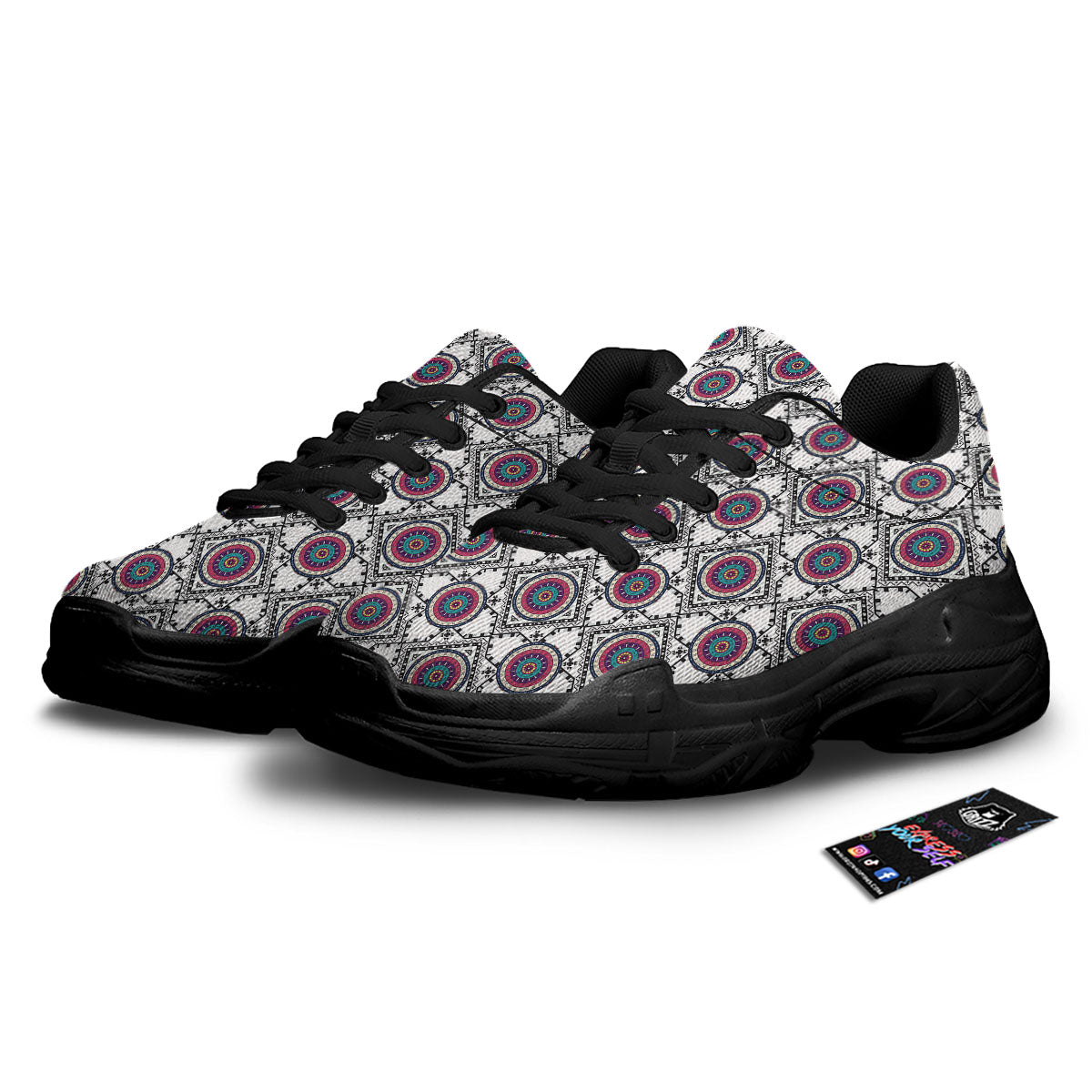 Inspired Native Indian Print Pattern Black Chunky Shoes-grizzshop