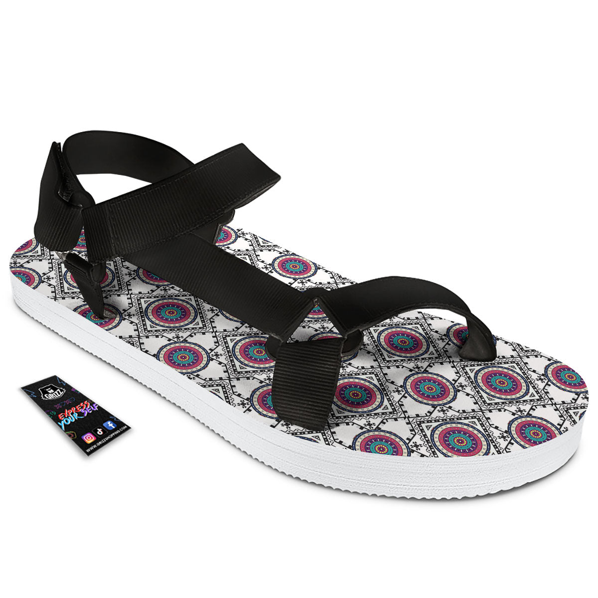 Inspired Native Indian Print Pattern Black Open Toe Sandals-grizzshop