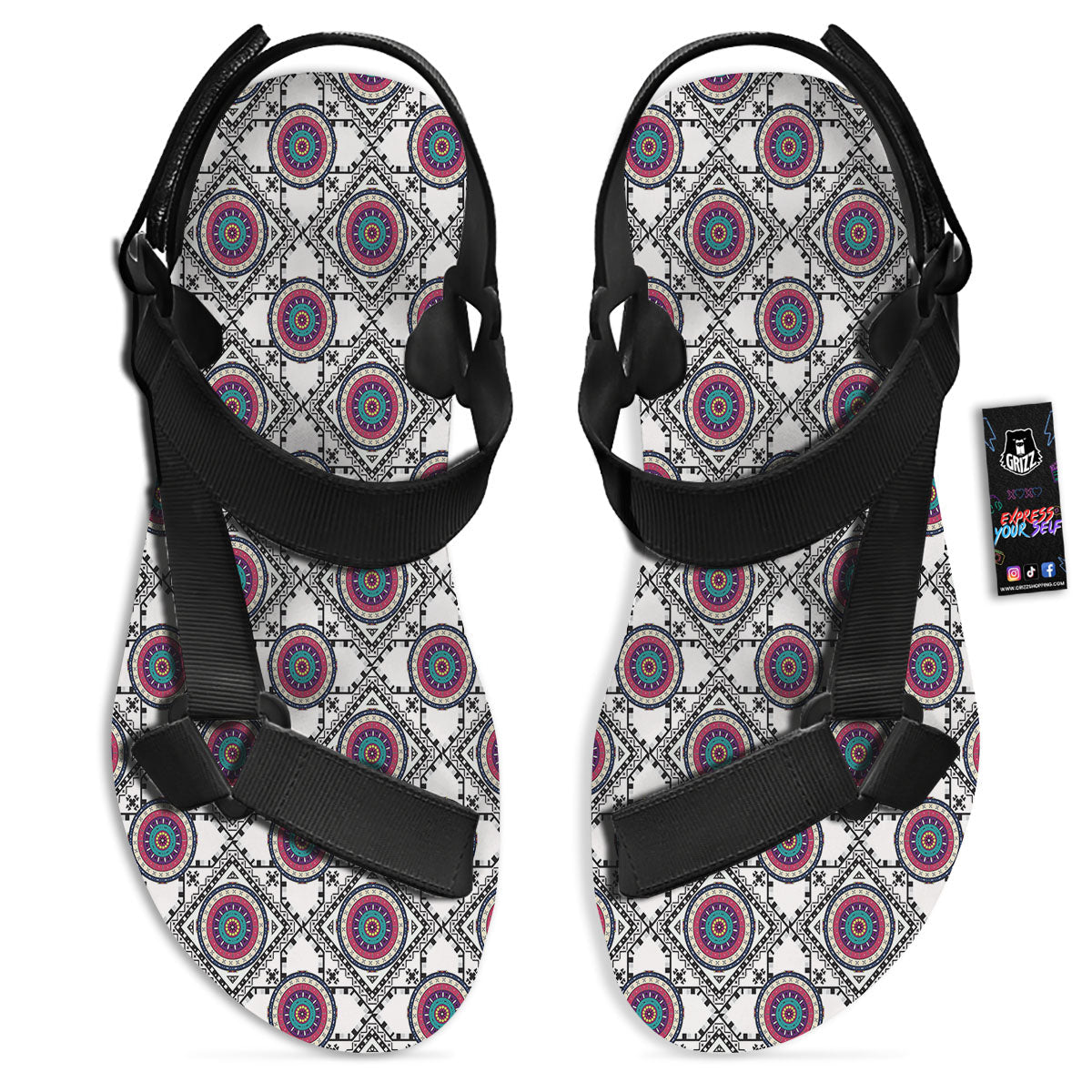Inspired Native Indian Print Pattern Black Open Toe Sandals-grizzshop