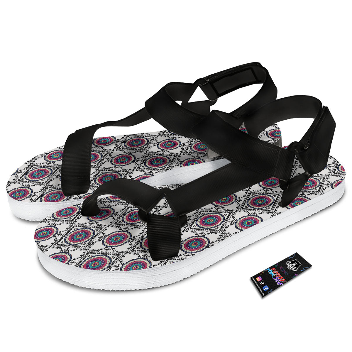 Inspired Native Indian Print Pattern Black Open Toe Sandals-grizzshop