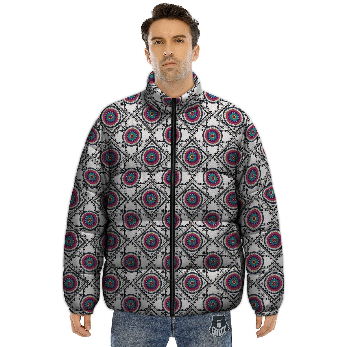Inspired Native Indian Print Pattern Puffer Jacket-grizzshop