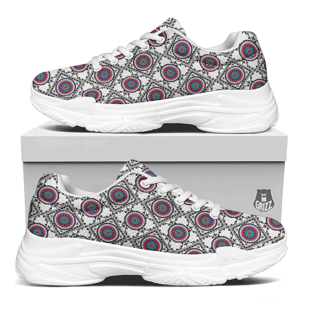 Inspired Native Indian Print Pattern White Chunky Shoes-grizzshop