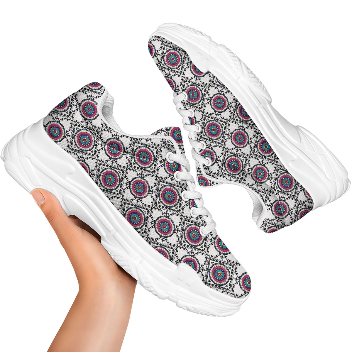 Inspired Native Indian Print Pattern White Chunky Shoes-grizzshop