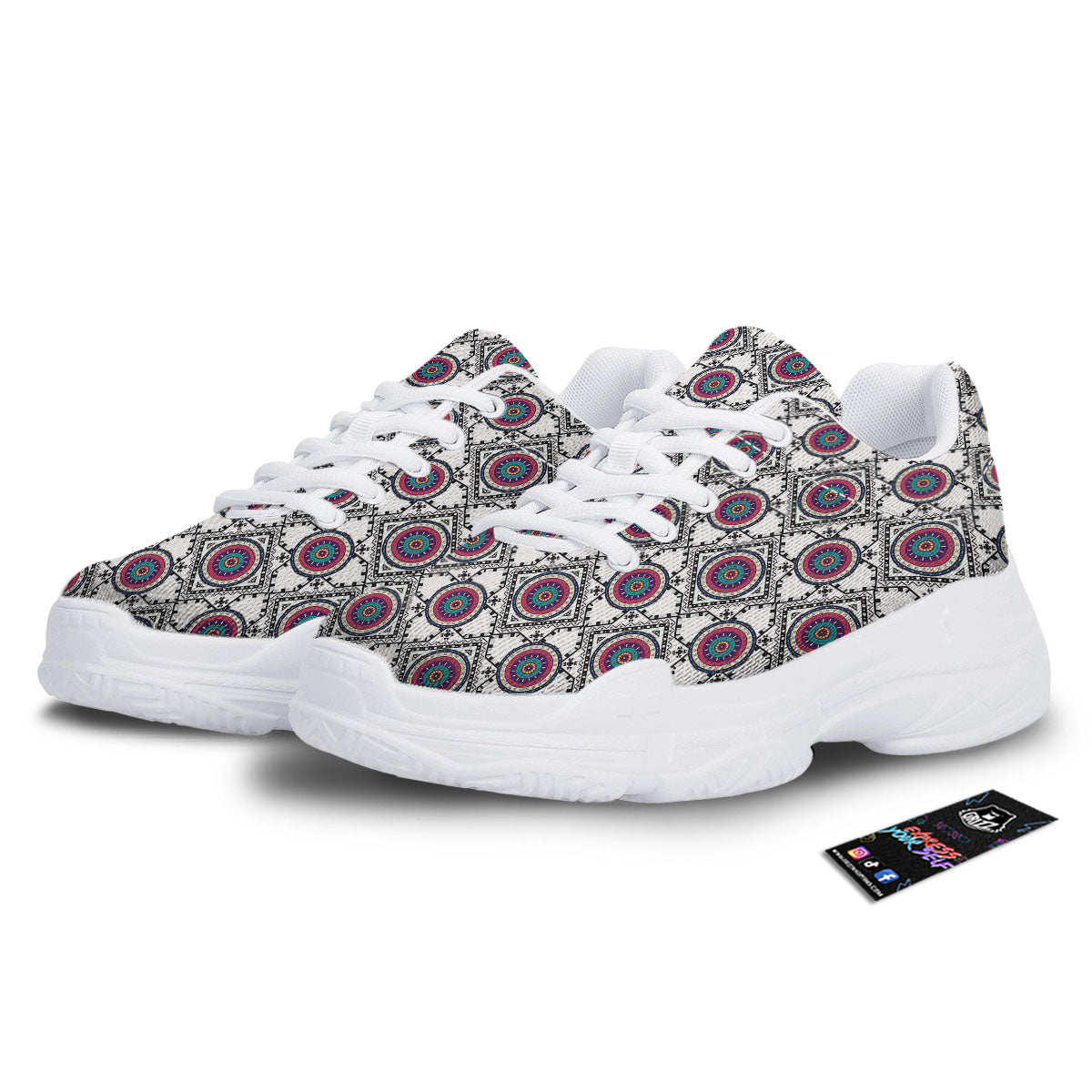 Inspired Native Indian Print Pattern White Chunky Shoes-grizzshop
