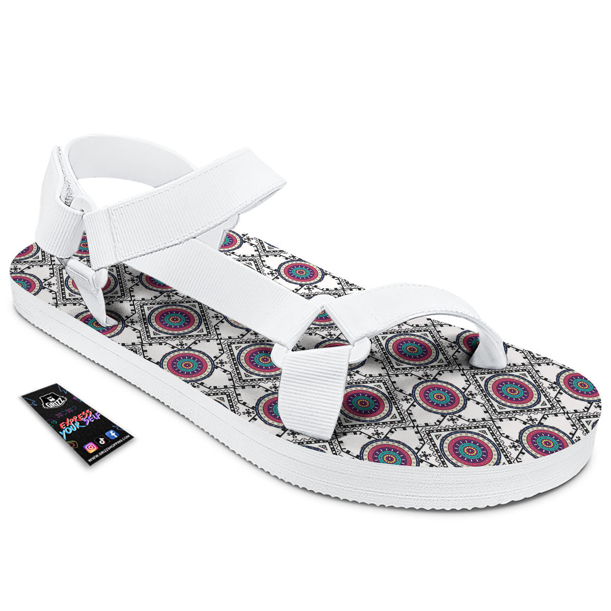 Inspired Native Indian Print Pattern White Open Toe Sandals-grizzshop