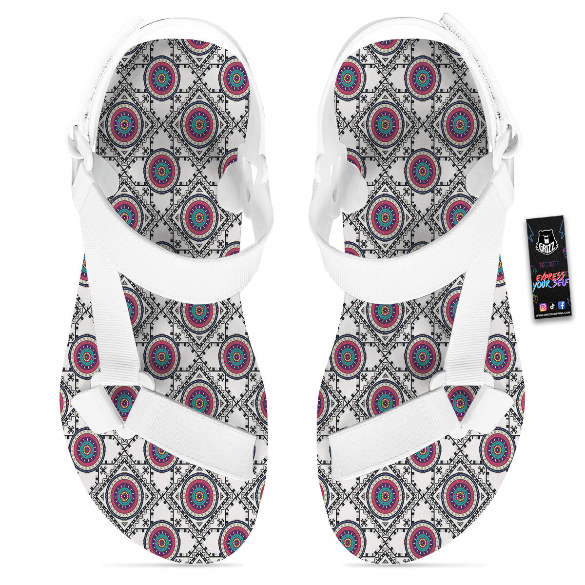 Inspired Native Indian Print Pattern White Open Toe Sandals-grizzshop