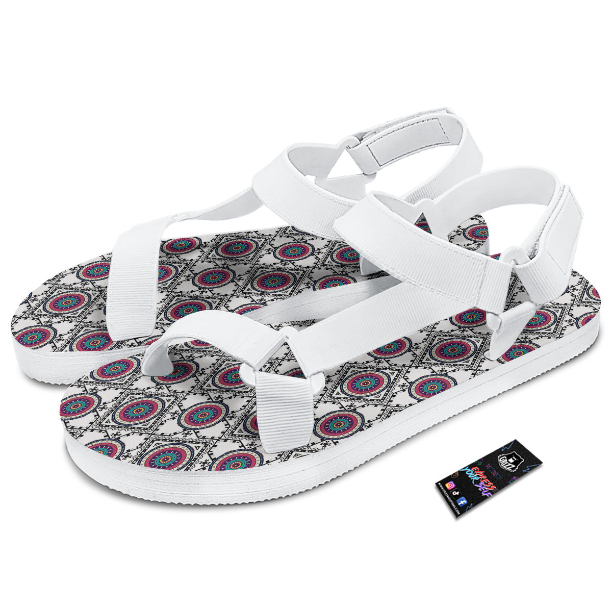 Inspired Native Indian Print Pattern White Open Toe Sandals-grizzshop