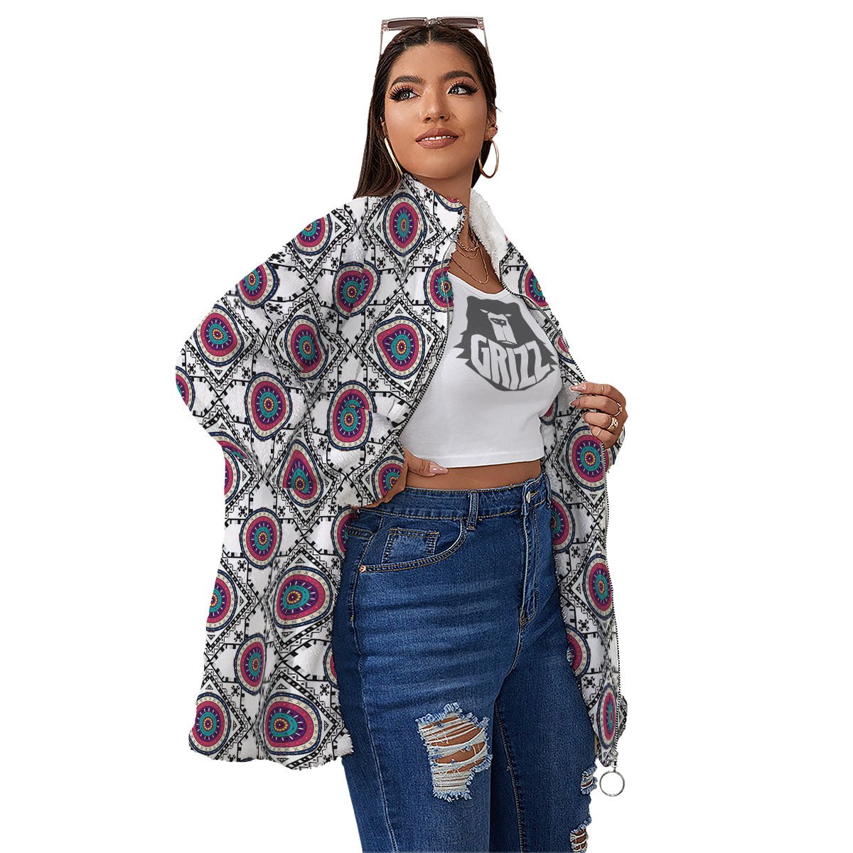 Inspired Native Indian Print Pattern Women's Sherpa Jacket-grizzshop
