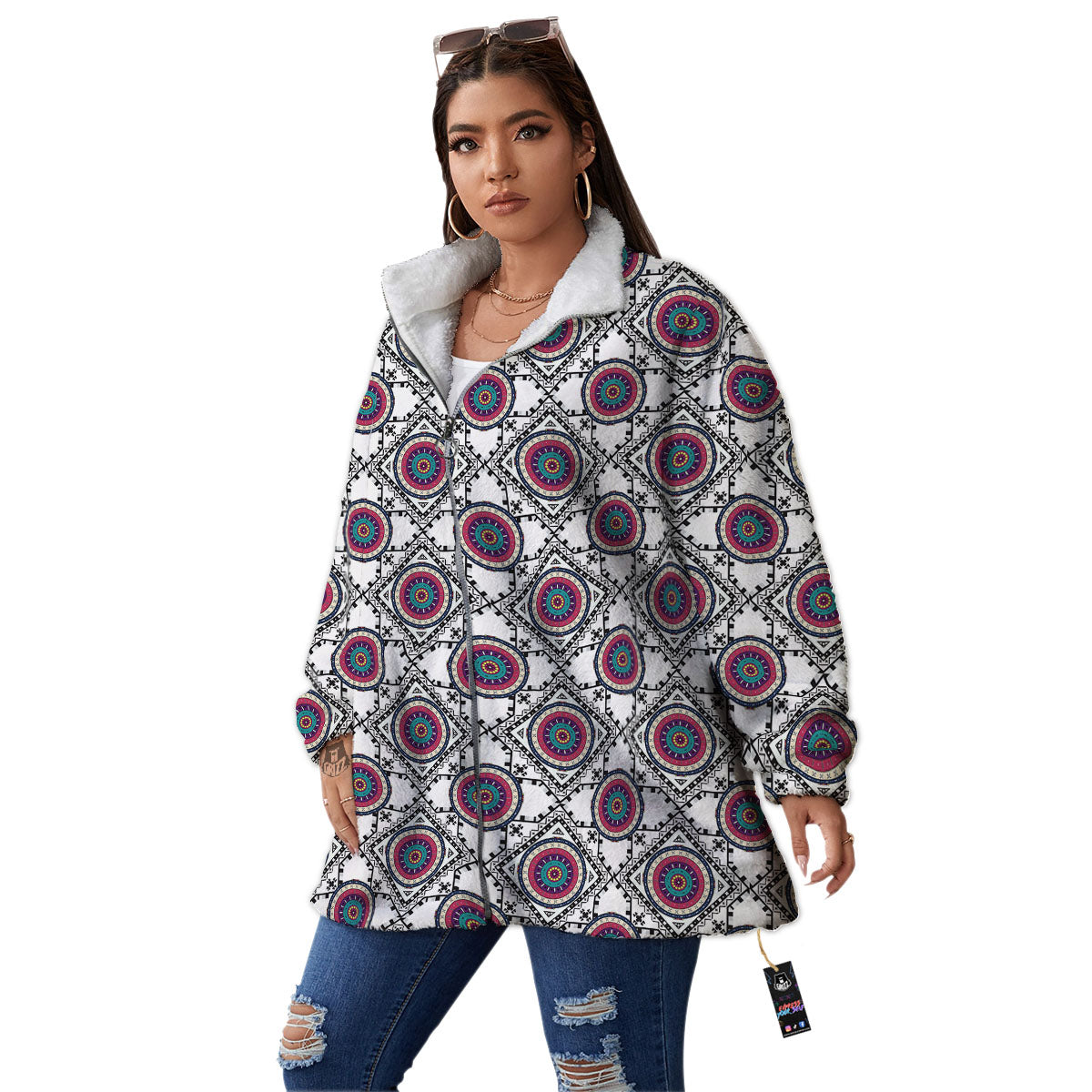 Inspired Native Indian Print Pattern Women's Sherpa Jacket-grizzshop