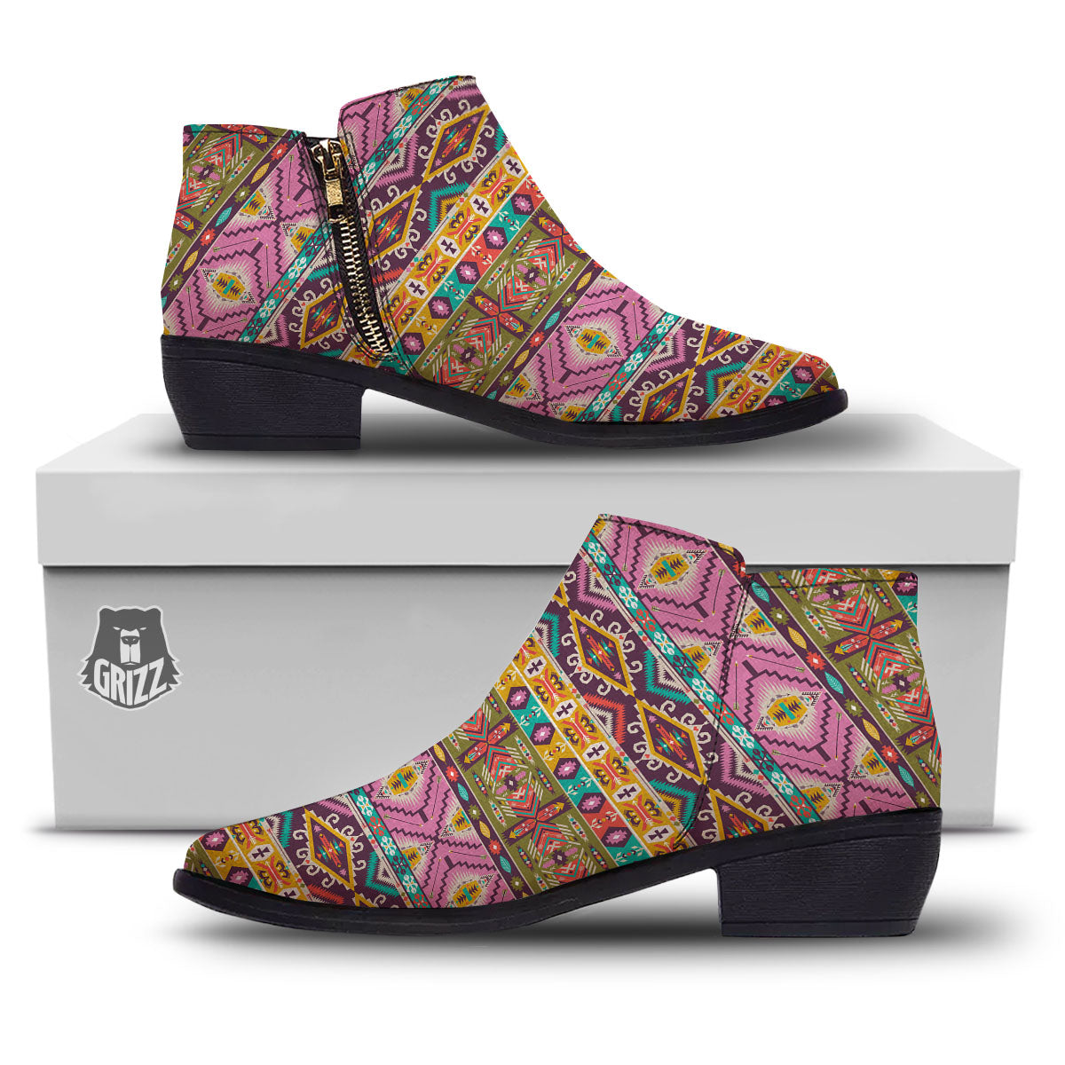 Inspired Native Print Pattern Ankle Boots-grizzshop