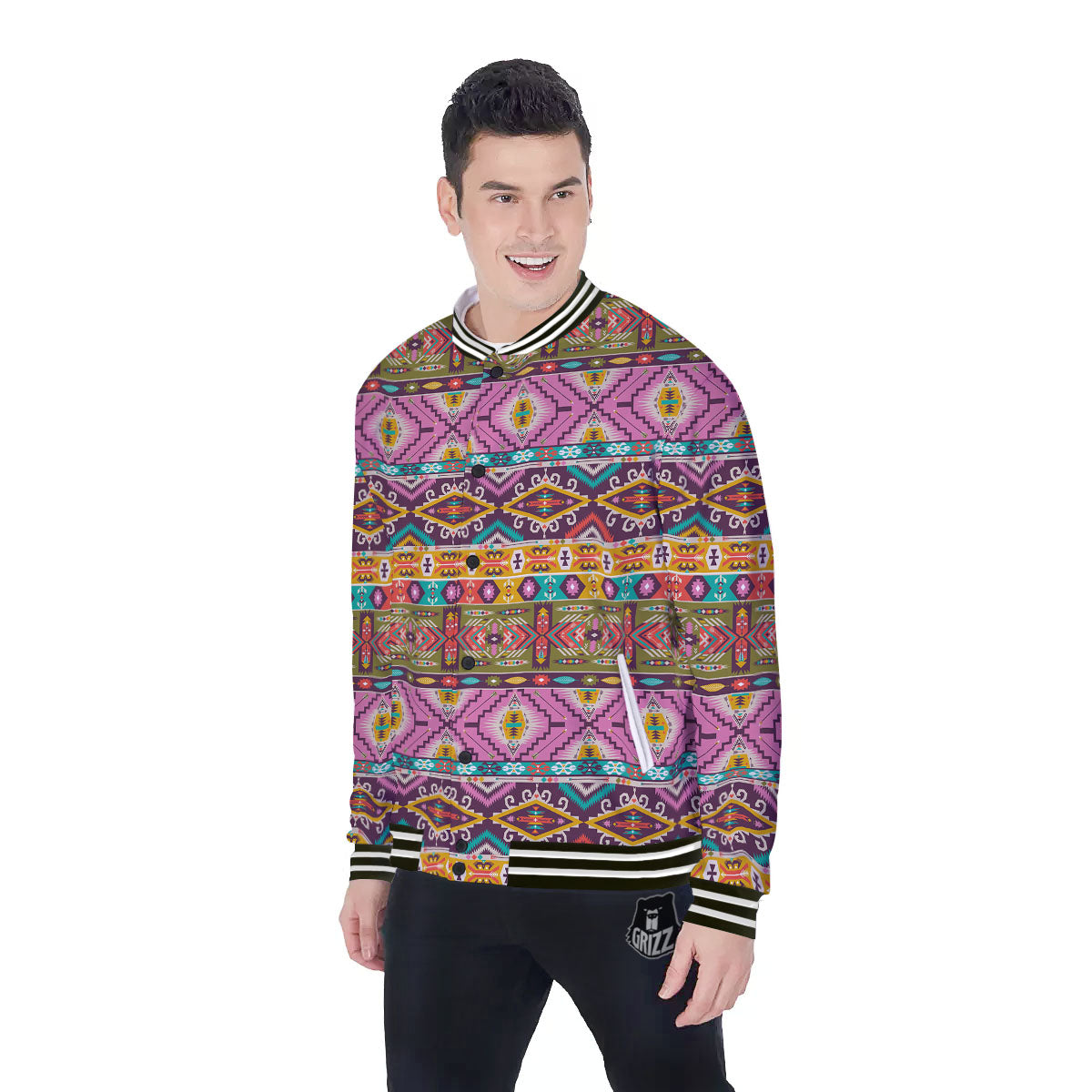 Inspired Native Print Pattern Baseball Jacket-grizzshop