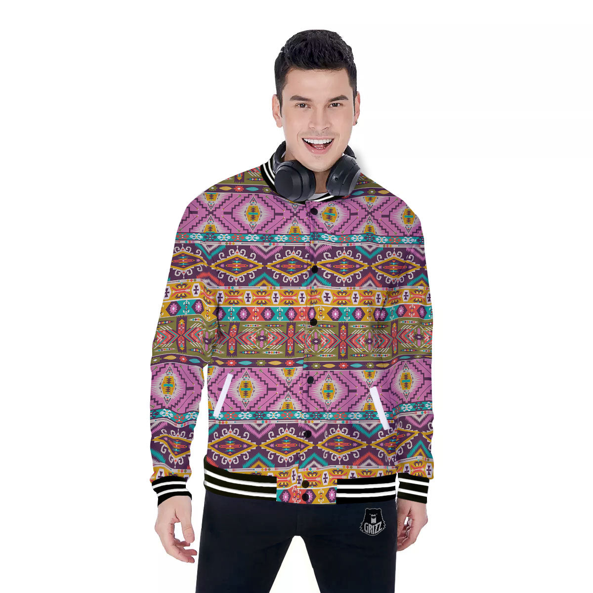 Inspired Native Print Pattern Baseball Jacket-grizzshop