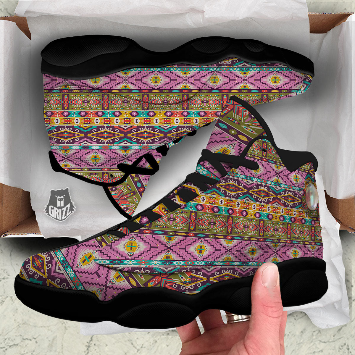 Inspired Native Print Pattern Black Basketball Shoes-grizzshop