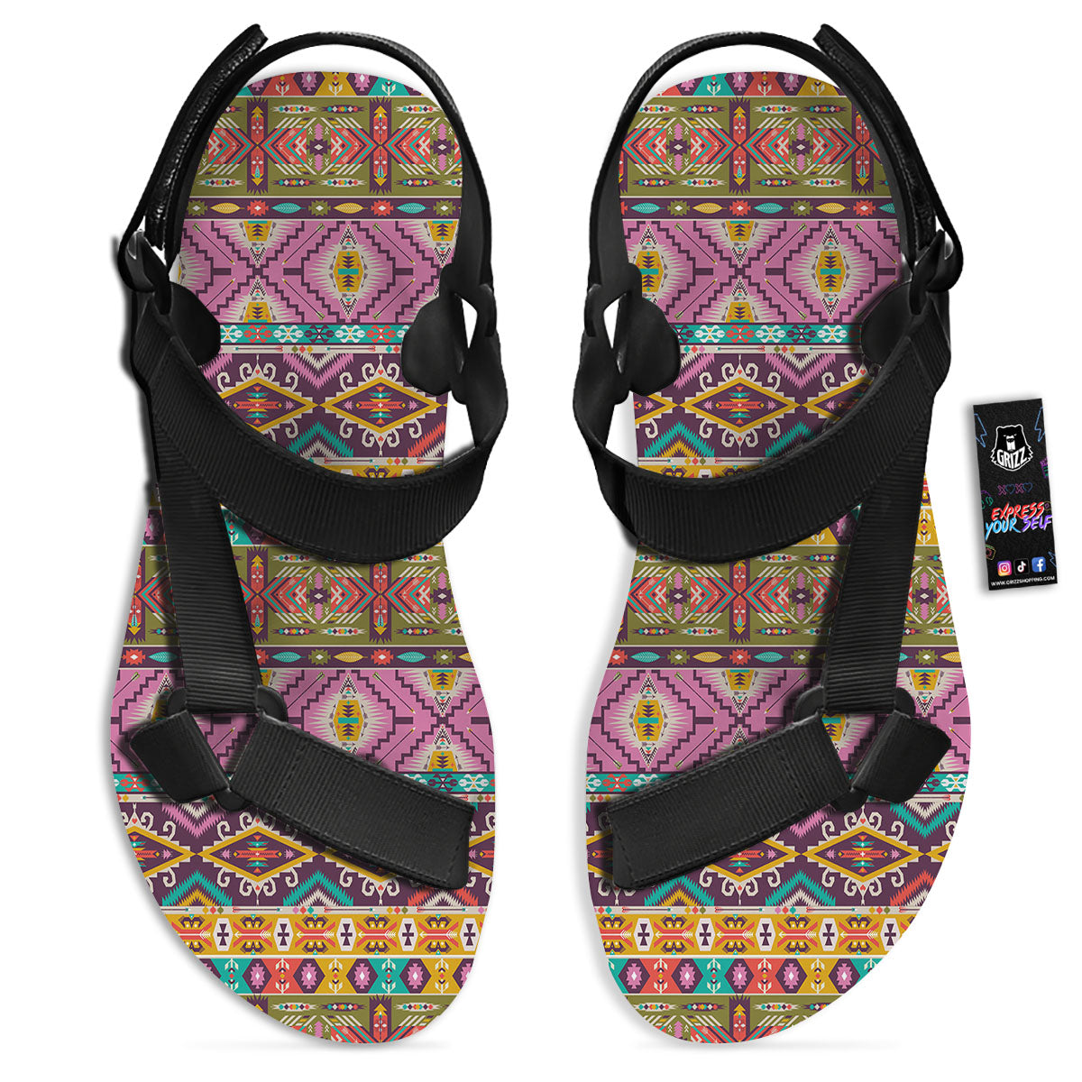 Inspired Native Print Pattern Black Open Toe Sandals-grizzshop
