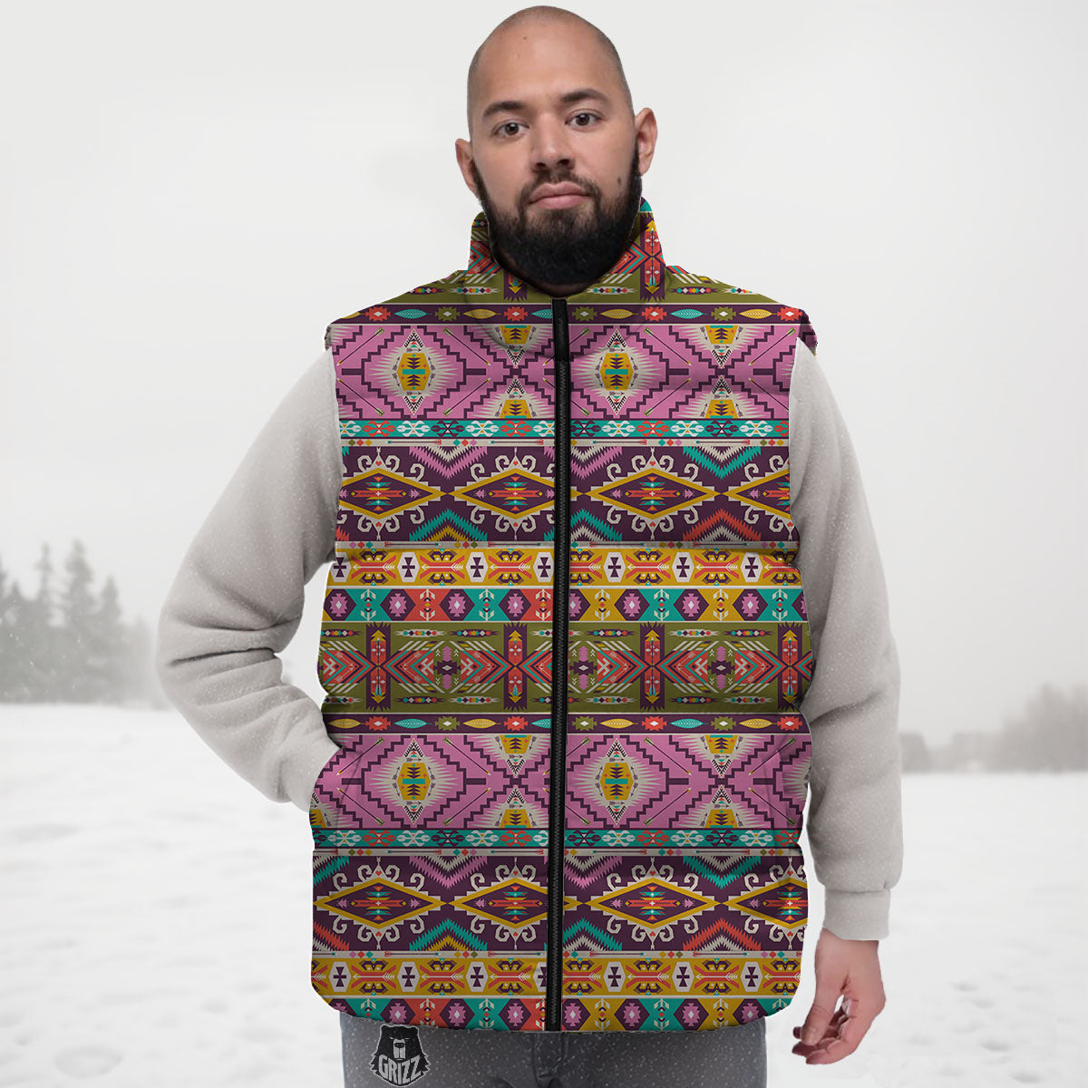 Inspired Native Print Pattern Down Vest-grizzshop